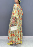 Momentlover Plus Size Yellow Oversized Floral Print Cotton Robe Dresses Lantern Sleeve LY1566