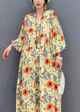 Momentlover Plus Size Yellow Oversized Floral Print Cotton Robe Dresses Lantern Sleeve LY1566