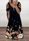Momentlover Printed Off The Shoulder Crew Neck Mid Dress Black LY1944