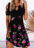 Momentlover Printed Off The Shoulder Crew Neck Mid Dress Black LY1944