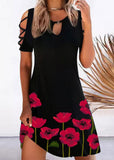 Momentlover Printed Off The Shoulder Crew Neck Mid Dress Black LY1944