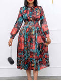 Momentlover Plus Size Tie Neck Mixd Print Belt Design A Line Dress AC2642