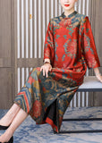 Momentlover Red Chinese Style Silk Dresses Stand Collar Side Open Bracelet Sleeve LY1692
