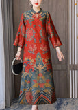 Momentlover Red Chinese Style Silk Dresses Stand Collar Side Open Bracelet Sleeve LY1692