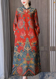 Momentlover Red Chinese Style Silk Dresses Stand Collar Side Open Bracelet Sleeve LY1692
