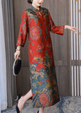 Momentlover Red Chinese Style Silk Dresses Stand Collar Side Open Bracelet Sleeve LY1692