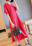 Momentlover Red Cotton Straight Dresses V Neck Side Open Summer LY1467