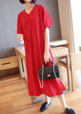 Momentlover Red Cotton Straight Dresses V Neck Side Open Summer LY1467