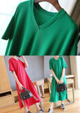 Momentlover Red Cotton Straight Dresses V Neck Side Open Summer LY1467