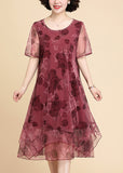 Momentlover Red O-Neck Asymmetrical Long Dresses Short Sleeve LY1711