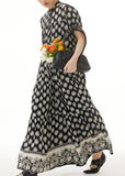 Momentlover Retro Black Wrinkled Print Patchwork Long Chiffon Dress Summer LY1222