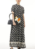 Momentlover Retro Black Wrinkled Print Patchwork Long Chiffon Dress Summer LY1222