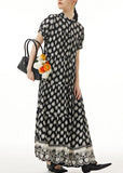 Momentlover Retro Black Wrinkled Print Patchwork Long Chiffon Dress Summer LY1222
