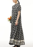 Momentlover Retro Black Wrinkled Print Patchwork Long Chiffon Dress Summer LY1222