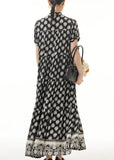 Momentlover Retro Black Wrinkled Print Patchwork Long Chiffon Dress Summer LY1222