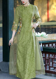 Momentlover Retro Green Stand Collar Embroideried Patchwork Silk Dresses Spring LY1679