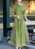 Momentlover Retro Green Stand Collar Embroideried Patchwork Silk Dresses Spring LY1679