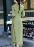 Momentlover Retro Green Stand Collar Embroideried Patchwork Silk Dresses Spring LY1679