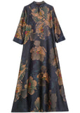 Momentlover Retro Mandarin Collar Print Silk Long Dresses Caftan Spring LY1767