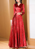 Momentlover Retro Red Print Slim Fit Satin Long Dresses Spring LY1775