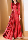 Momentlover Retro Red Print Slim Fit Satin Long Dresses Spring LY1775