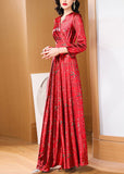 Momentlover Retro Red Print Slim Fit Satin Long Dresses Spring LY1775