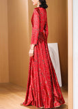 Momentlover Retro Red Print Slim Fit Satin Long Dresses Spring LY1775