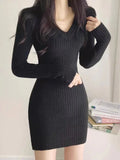 Momentlover Women V-Neck Long Sleeve Slim Sexy Dress Solid Casual Midi Sweater Dress Knit Bodycon Dress For Women Autumn Winter FC9529
