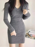Momentlover Women V-Neck Long Sleeve Slim Sexy Dress Solid Casual Midi Sweater Dress Knit Bodycon Dress For Women Autumn Winter FC9529