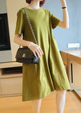 Momentlover Simple Grass Green O-Neck Patchwork Exra Large Hem Cotton Dress Summer LY1419
