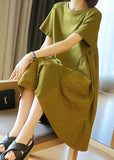 Momentlover Simple Grass Green O-Neck Patchwork Exra Large Hem Cotton Dress Summer LY1419