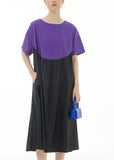 Momentlover Simple Purple O Neck Wrinkled Patchwork Cotton Dresses Summer LY1166