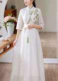 Momentlover Simple White Stand Collar Embroideried Patchwork Silk Dress Spring LY1676