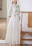 Momentlover Simple White Stand Collar Embroideried Patchwork Silk Dress Spring LY1676