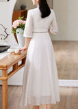 Momentlover Simple White Stand Collar Embroideried Patchwork Silk Dress Spring LY1676