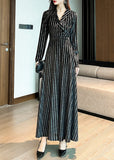 Momentlover Slim Fit Black Notched Striped Maxi Dresses Long Sleeve LY1717