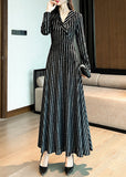 Momentlover Slim Fit Black Notched Striped Maxi Dresses Long Sleeve LY1717
