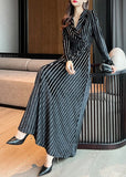Momentlover Slim Fit Black Notched Striped Maxi Dresses Long Sleeve LY1717