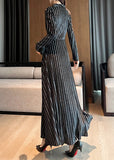 Momentlover Slim Fit Black Notched Striped Maxi Dresses Long Sleeve LY1717