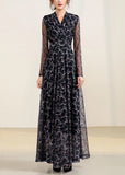 Momentlover Slim Fit Black V Neck Tulle Patchwork Chiffon Long Dress Spring LY1772