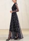 Momentlover Slim Fit Black V Neck Tulle Patchwork Chiffon Long Dress Spring LY1772