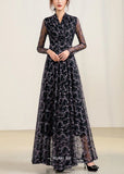 Momentlover Slim Fit Black V Neck Tulle Patchwork Chiffon Long Dress Spring LY1772