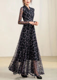 Momentlover Slim Fit Black V Neck Tulle Patchwork Chiffon Long Dress Spring LY1772