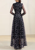Momentlover Slim Fit Black V Neck Tulle Patchwork Chiffon Long Dress Spring LY1772