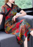 Momentlover Slim Fit Red V Neck Print Chinese Button Silk Dresses Summer LY1697
