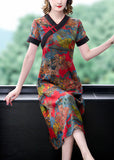 Momentlover Slim Fit Red V Neck Print Chinese Button Silk Dresses Summer LY1697