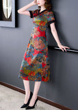 Momentlover Slim Fit Red V Neck Print Chinese Button Silk Dresses Summer LY1697