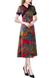 Momentlover Slim Fit Red V Neck Print Chinese Button Silk Dresses Summer LY1697