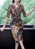 Momentlover Slim Fit V Neck Cinched Print Chiffon Long Dress Summer LY1695