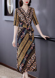 Momentlover Slim Fit V Neck Cinched Print Chiffon Long Dress Summer LY1695